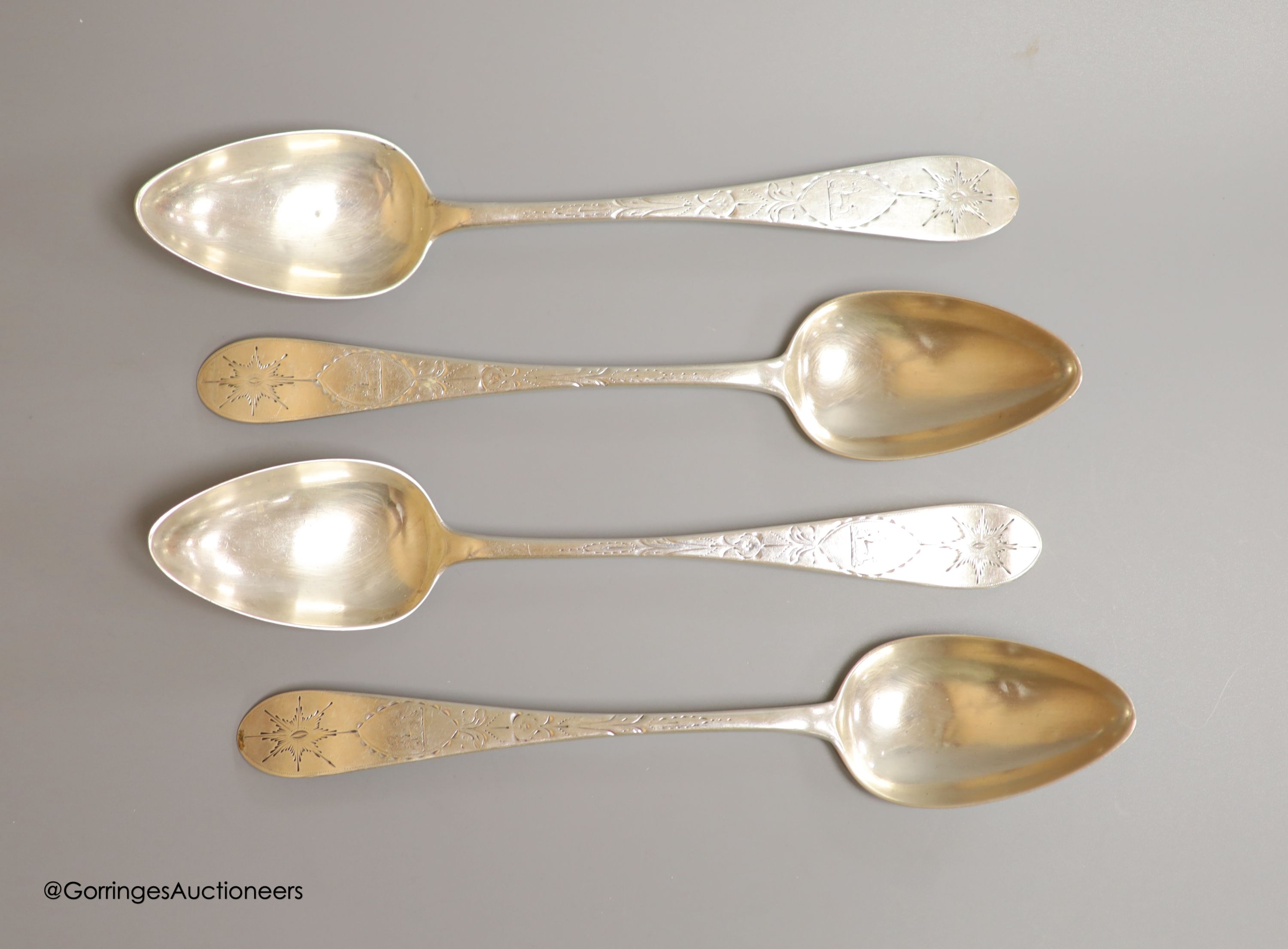 A set of four early 19th century Irish provincial engraved silver tablespoons, Terry & Williams, Cork, c.1800-1820, 24cm, 9oz.